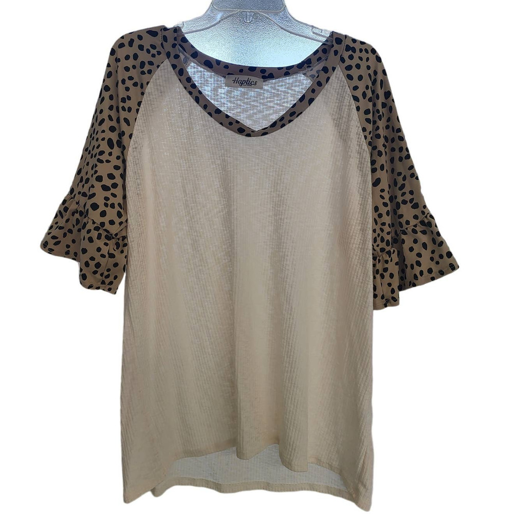 Haptics Cream with Cheetah Accents Short Sleeve Waffle Knit Shirt - 1X